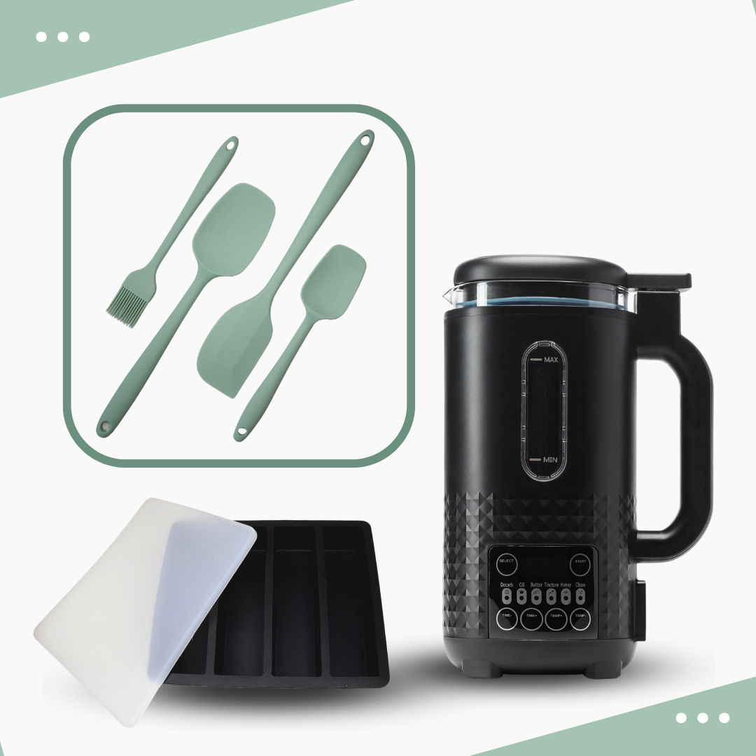 An innovative Hello High Ultra Infuser spatula bundle, featuring a sleek design for effortless butter and oil herb infusion. The set includes a precision spatula for easy handling and precise measurement. Elevate your herbal infusion experience with this stylish and functional infuser set.