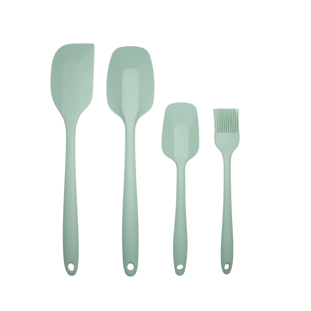 Packaging of a 4-piece silicone spatula set, featuring 3 spatulas and 1 baster. Coastal green color